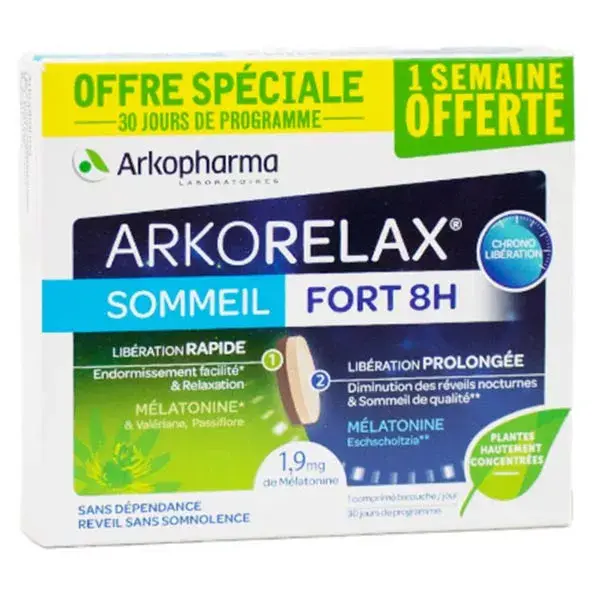 Arkopharma Arkorelax Sommeil Fort 8 Horas Melatonina Valeriana - 20 Comprimidos + 10 Gratis