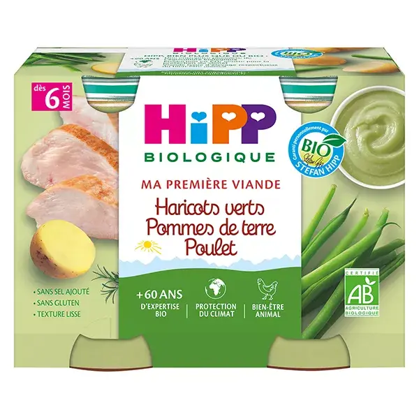 Hipp Bio Ma Première Viande Pot Haricots Verts Pommes de Terre Poulet +6m 2 x 190g