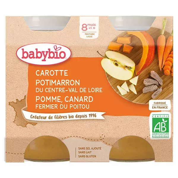 Babybio Repas Midi Pot Carotte Potimarron Pomme Canard +8m Bio 2 x 200g