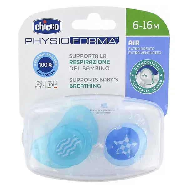 Chicco Physio Forma Air Silicone 6-16m Pack of 2 + Sterilisation Box Apple Fish