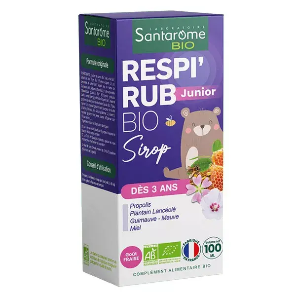 Santarome Bio Respi'Rub Sirop Enfant Bio Propolis Goût Fraise 100 ml
