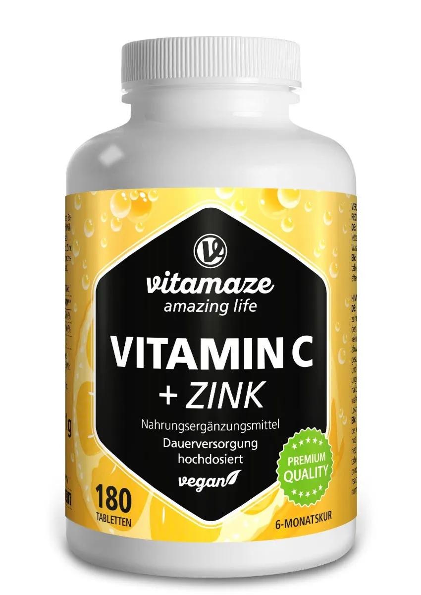 Vitamaze Vitamina C 1000 mg Ad Alto Dosaggio + Zinco Integratore Vegano 180 Compresse