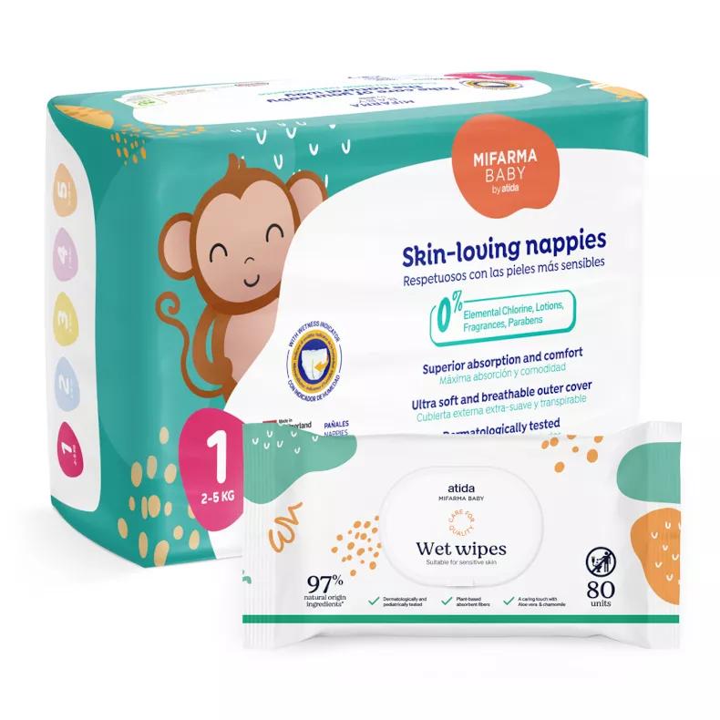 Mifarma Bébé Nouveau-né Couches T1 2-5kg 27 unités + Lingettes 80 unités