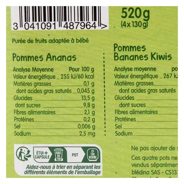 Blédina Les Récoltes Bio Purée de Fruits Pommes Ananas et Pommes Bananes Kiwis +4m 4 x 130g