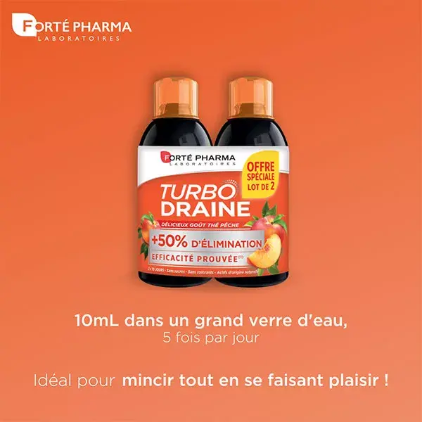 Forté Pharma TurboDraine Thé Pêche Draineur Minceur Elimination Lot de 2 x 500ml