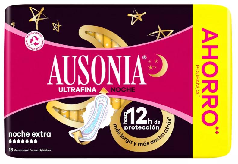 Ausonia Compresa Ultrafina Menstrual Noche Extras con Alas 18 uds