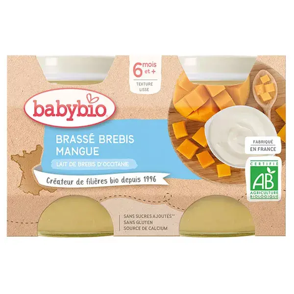 Babybio Desserts Lactés Pot Brassé au Lait de Brebis Mangue +6m Bio Lot de 2 x 130g