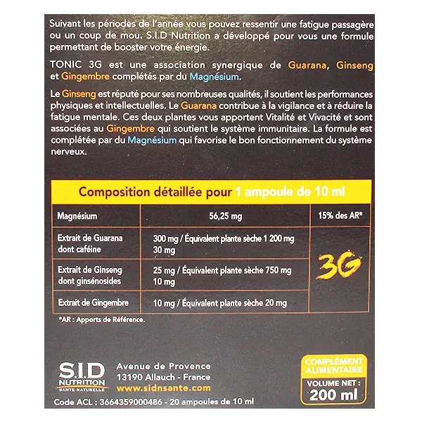 SID Nutrition Tonic 3G Magnésium Tonus Vitalité 20 ampoules