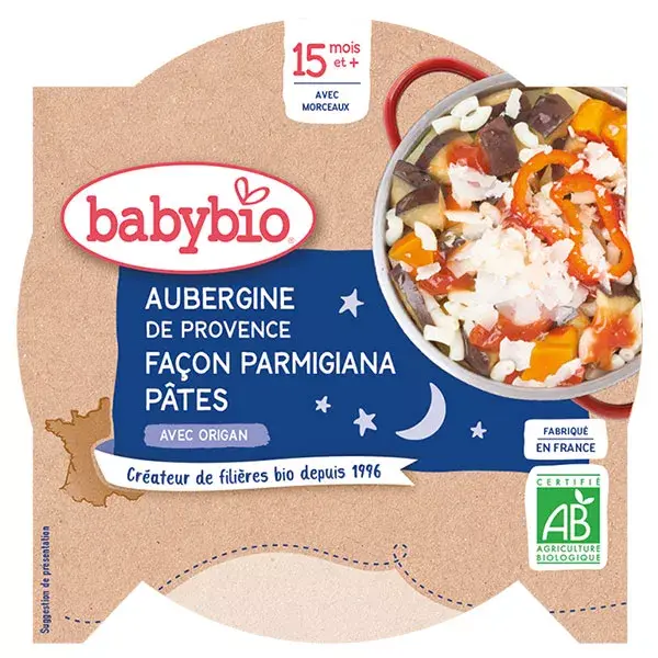 Babybio Repas Soir Assiette Aubergines Parmigiana Macaroni +15m Bio 260g