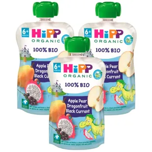 HiPP Pouches Dragón con Manzana, Pera y Grosella BIO +6m 3x100 gr