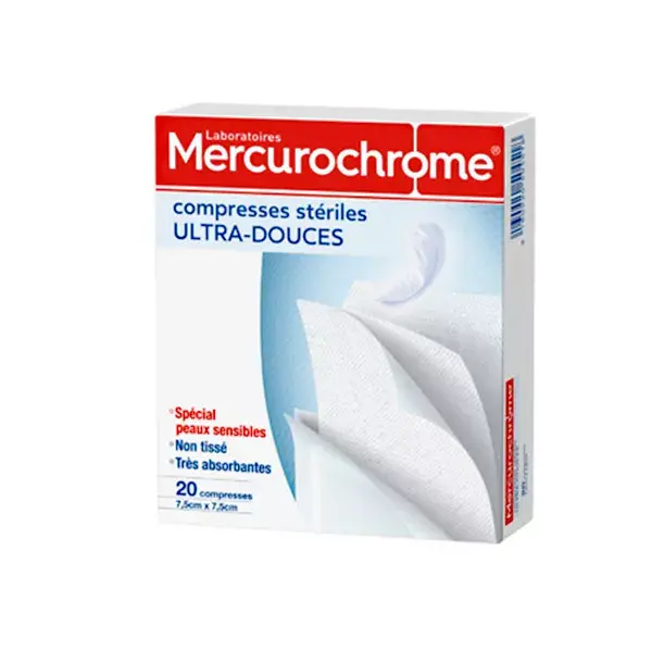 Mercurochrome Compresses Stériles Ultra Douces 7,5cm x 7,5cm 20 compresses
