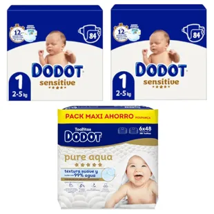 Dodot Sensitive Jumbo Diapers Pack T1 2x84 units + Aqua Touch Wipes 288 units