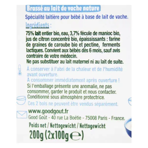 Good Goût Bol Brassé au Lait Entier de Vache Nature +6m Bio 2 x 100g 