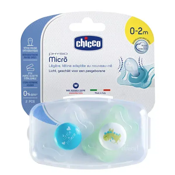 Chicco Chupete Physio Micro Silicona Azul 0-2m Lote de 2 + Caja Esterilisable 