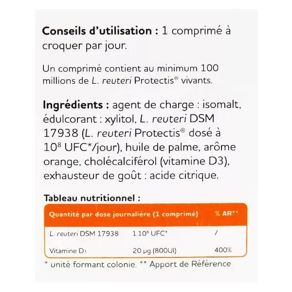 BioGaia Vitamine D Lactobacillus Reuteri Protectis Arôme Orange 30 comprimés