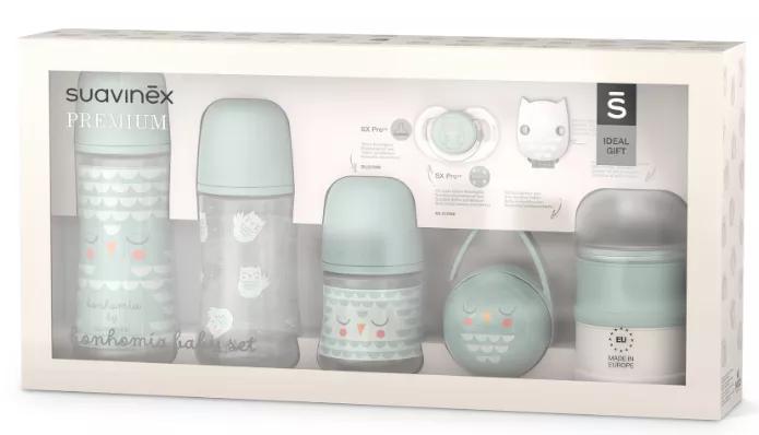 Suavinex Set Babyflaschen + Schnuller 0-6 Monate + Spender + Schnullerhalter + Bonhomia-Brosche Grün