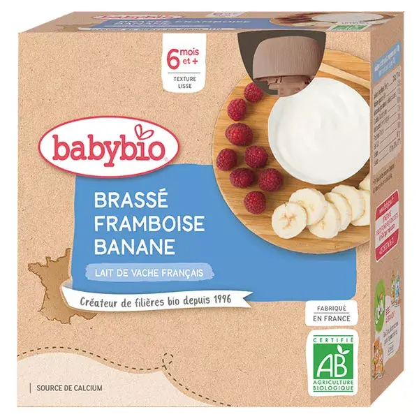 Babybio Desserts Lactés Gourde Brassé Framboise Banane +6m Bio 4 x 85g