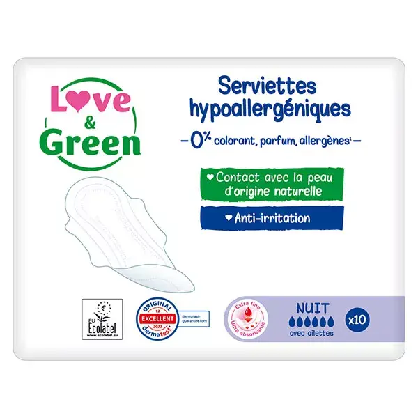 Love & Green Serviettes Nuit Hypoallergéniques 0% x10