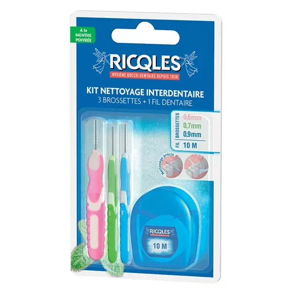 Ricqles Bouche Saine Kit de Nettoyage Interdentaire 3 Brossettes + 1 Fil Dentaire