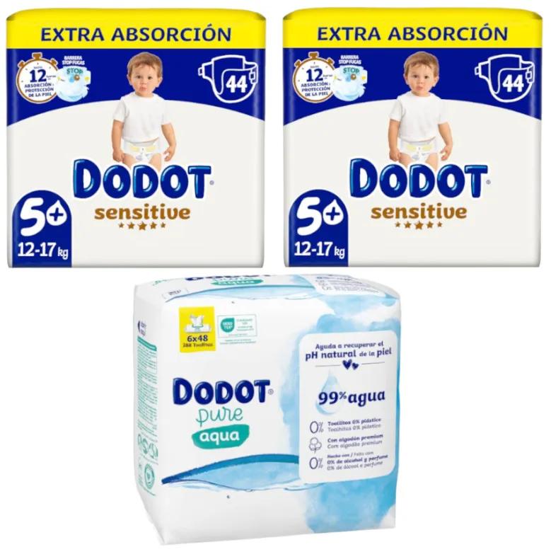 Dodot Sensitive Extra-Jumbo Windeln Pack T5 2x44 Einheiten + Plastikfreie Tücher 288 Einheiten