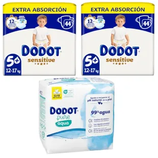Pacote Fraldas Extra-Jumbo Dodot Sensitive T5 2x44 unidades + Lenços umedecidos sem plástico 288 unidades