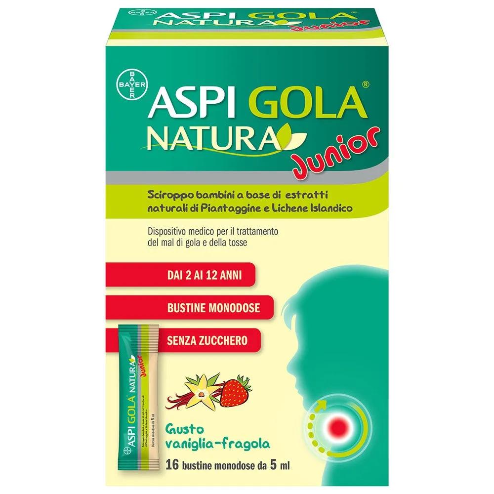 Aspi Gola Natura Junior Sciroppo Per Bambini Per Mal di Gola e Tosse Gusto Vaniglia e Fragola 16 Bustine da 5ml