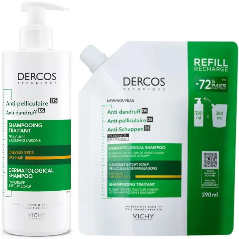Vichy Dercos Technique Shampoing Antipelliculaire Cheveux Secs 390 ml + Recharge