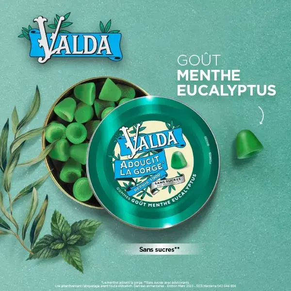 Valda Gommes Sans Sucres Menthe Eucalyptus Adoucit La Gorge 140g