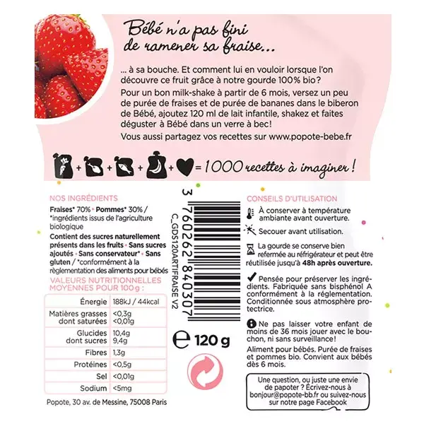 Popote Les Fruits Gourde Fraise +6m Bio 120g