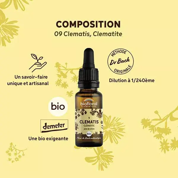 Biofloral Fleur De Bach 09 Clematis Clematite Compte Gouttes Bio Demeter 20 ml