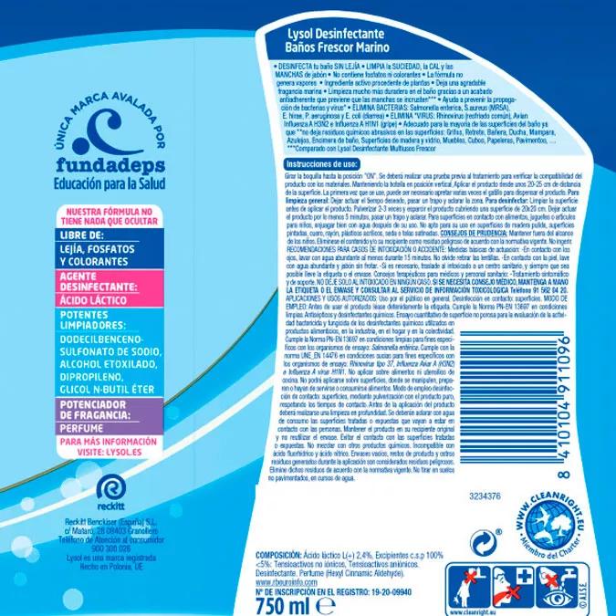 Lysol Limpiador Desinfectante Baño Frescor Marino Spray 750 ml