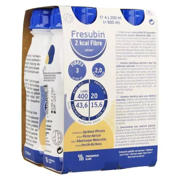 Fresenius Fresubin 2 Kcal Fibre Drink Pêche Abricot Aliment Liquide 4 x 200ml