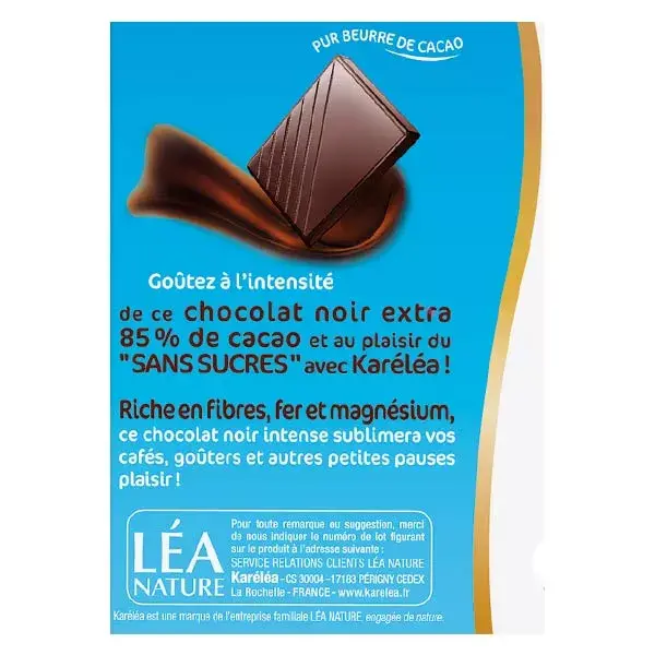 Karéléa Chocolat Sans Sucres Tablette Chocolat Noir 85% Cacao 100g