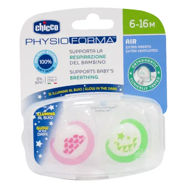 Chicco Physio Forma Air Soother Phosphorescent Silicone +6m Pink Cloud Green Moon Set of 2 + Sterilisation Box