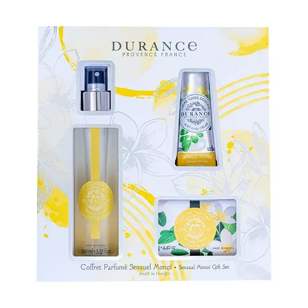 Durance Coffret Parfumé Sensuel Monoï 2023 Eau fraîche 100 mL, Savon 125 gr, Crème mains 30 mL