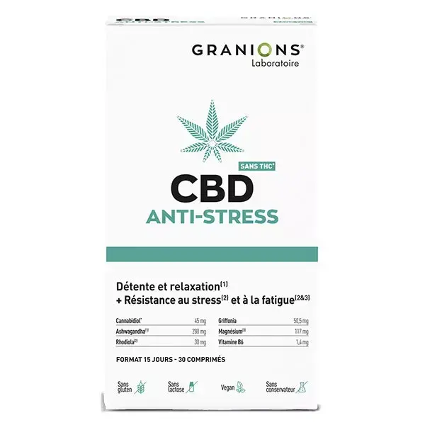 Granions CBD Anti-Stress - Cannabidiol + Ashwagandha - Sans THC - 30 Comprimés