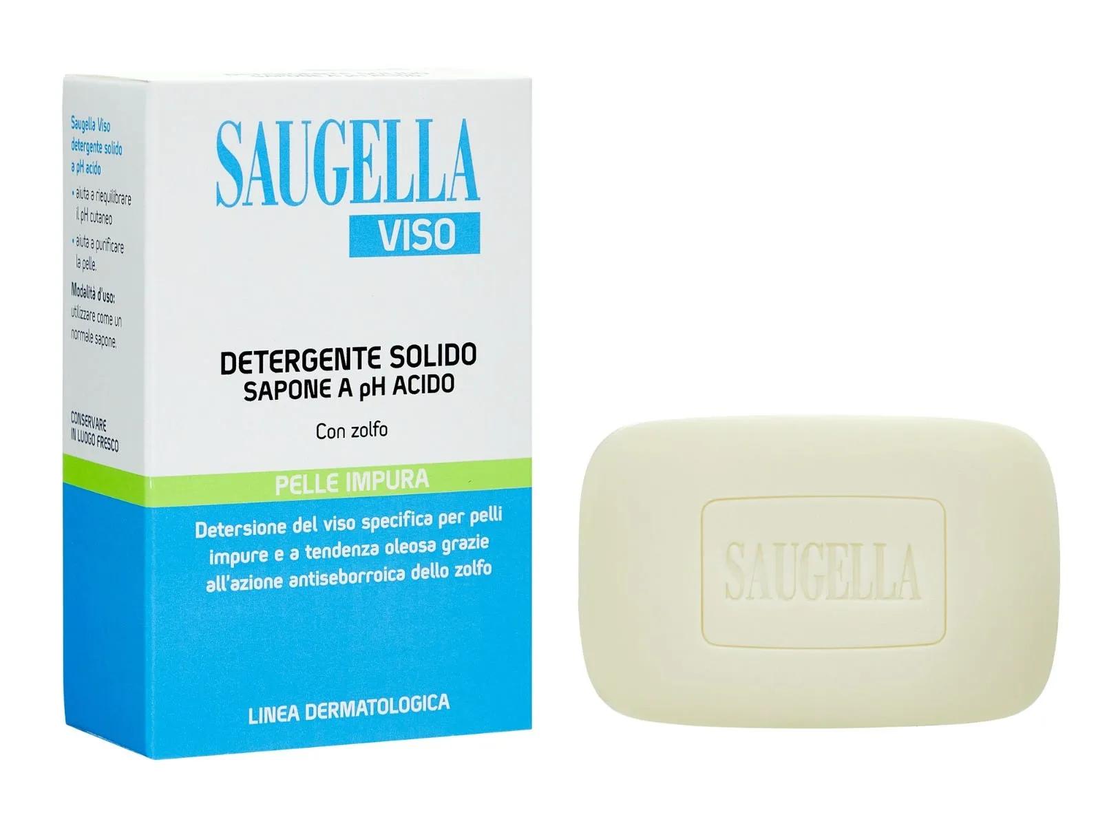 Saugella Viso Detergente Solido pH Acido Sapone allo Zolfo Pelle Impura 100 g