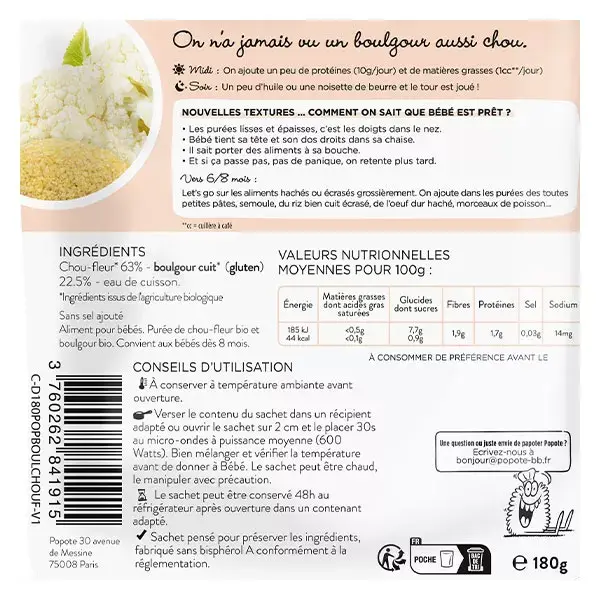 Popote les Moulinés Chou-Fleur Boulgour +8mois Bio 180g