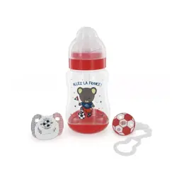 dBb Remond Coffret Biberon Large Ouverture Tétine Silicone 300ml + Sucette Silicone + Attache +3m Foot Rouge