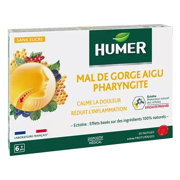 Humer Mal de Gorge Aigu Pharyngite Fruits Rouge dès 6 ans 20 pastilles