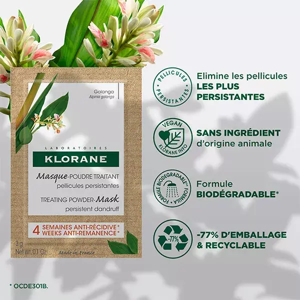 Klorane Galanga Masque-Poudre Traitant Antipelliculaire Pellicules Persistantes 8 unités