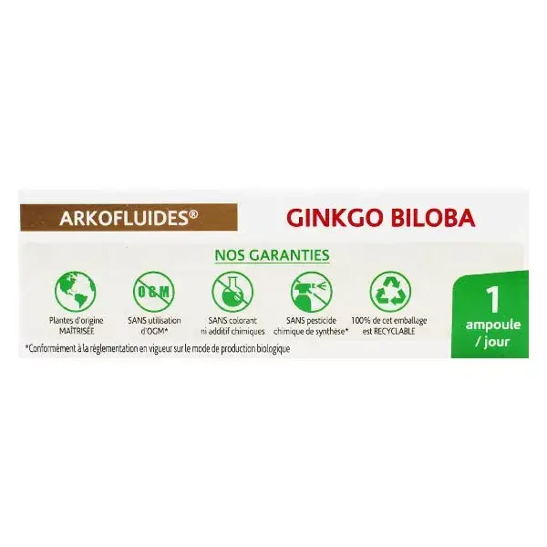 Arkopharma Arkofluides Ginkgo Biloba Mémoire Concentration 20 ampoules