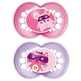 MAM Sucette Décor Animaux Silicone +18m Lot de 2 Souris Rose et Chat Violet