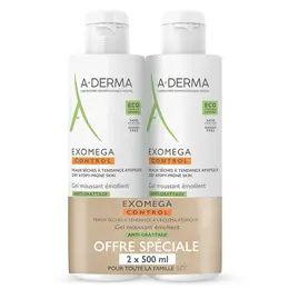 A-Derma Exomega Control Gel Moussant Émollient Anti-Grattage Lot de 2 x 500ml