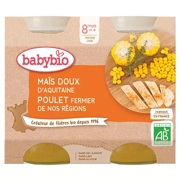 Babybio Repas Midi Pot Maïs Doux Poulet +8m Bio 2 x 200g