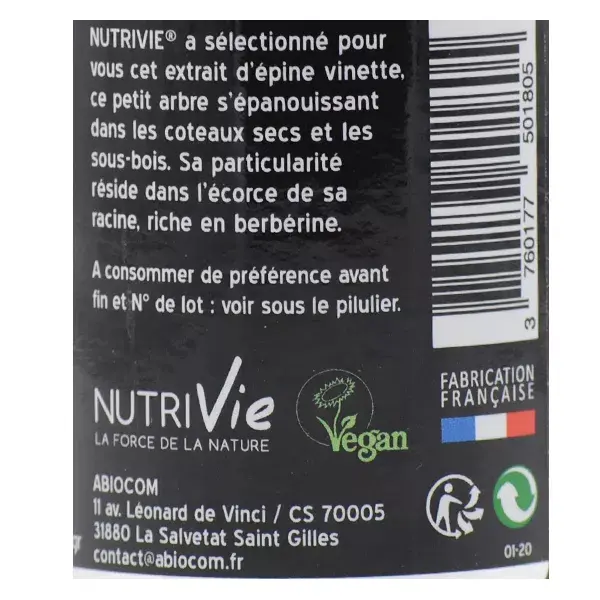 Nutrivie Berbérine Epine Vinette Vegan Integratore Alimentare 60 capsule