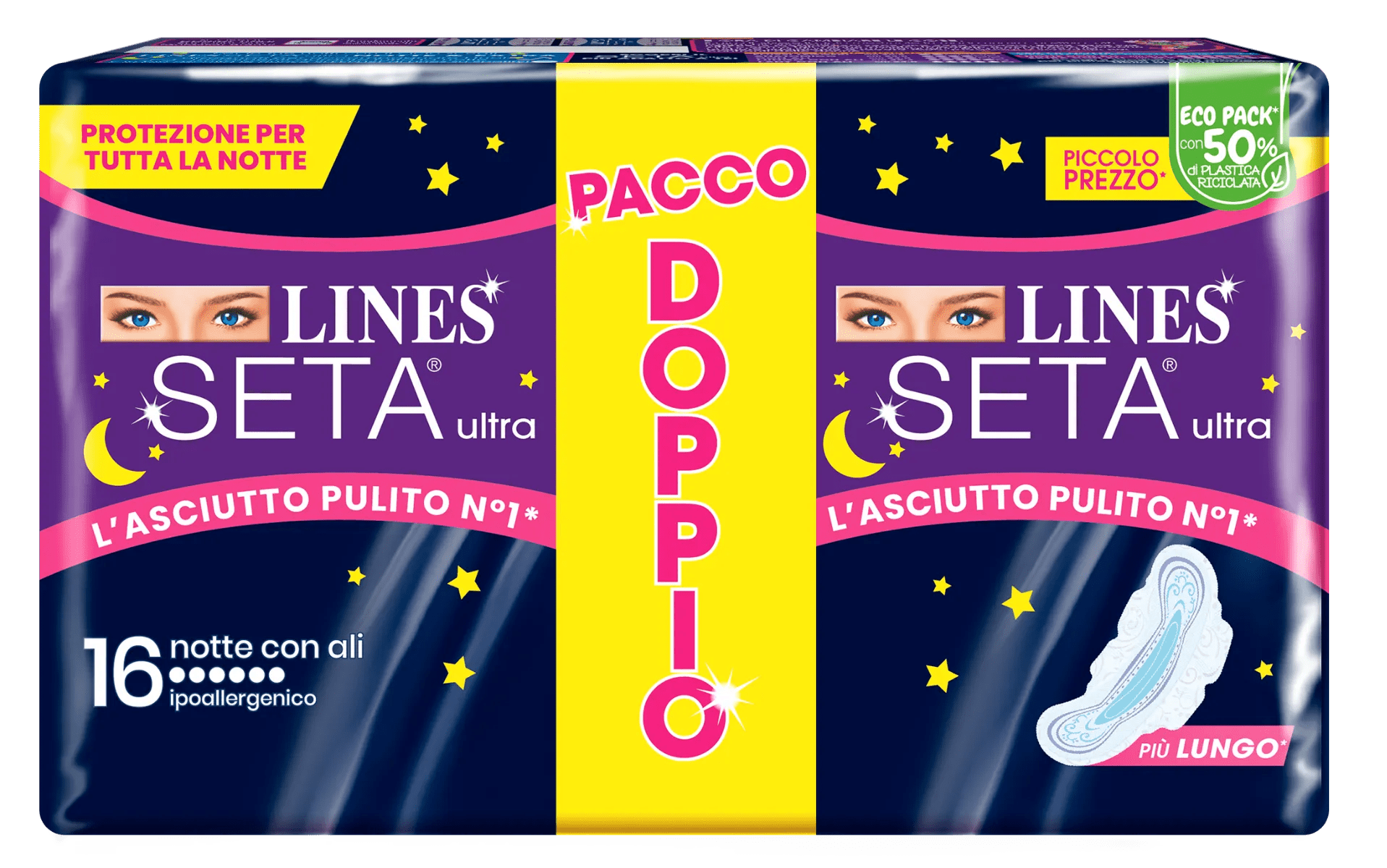 Lines Seta Ultra Notte Assorbenti Con Ali 16 Pezzi Pacco Doppio