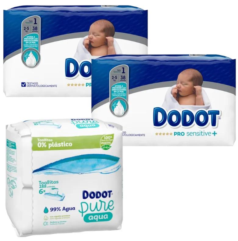 Dodot Pro Sensitive+ T1 Luiers (2-5 kg) 2x38 eenheden + Aqua Plastic Free Wipes 6x48 eenheden