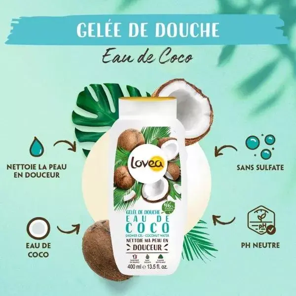 Lovea - Gelée De Douche - Eau de Coco - PH Neutre - Sans Sulfate 400ml