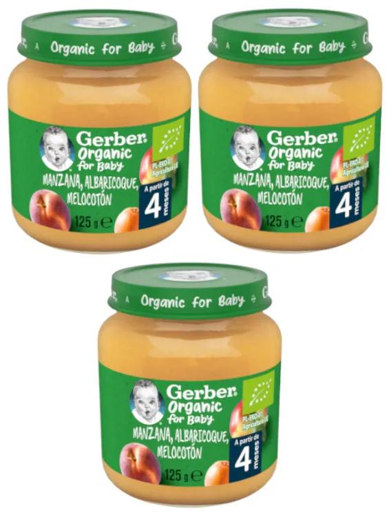 Gerber Bio Pot Pomme, Abricot, Pêche +4m 3x125 gr